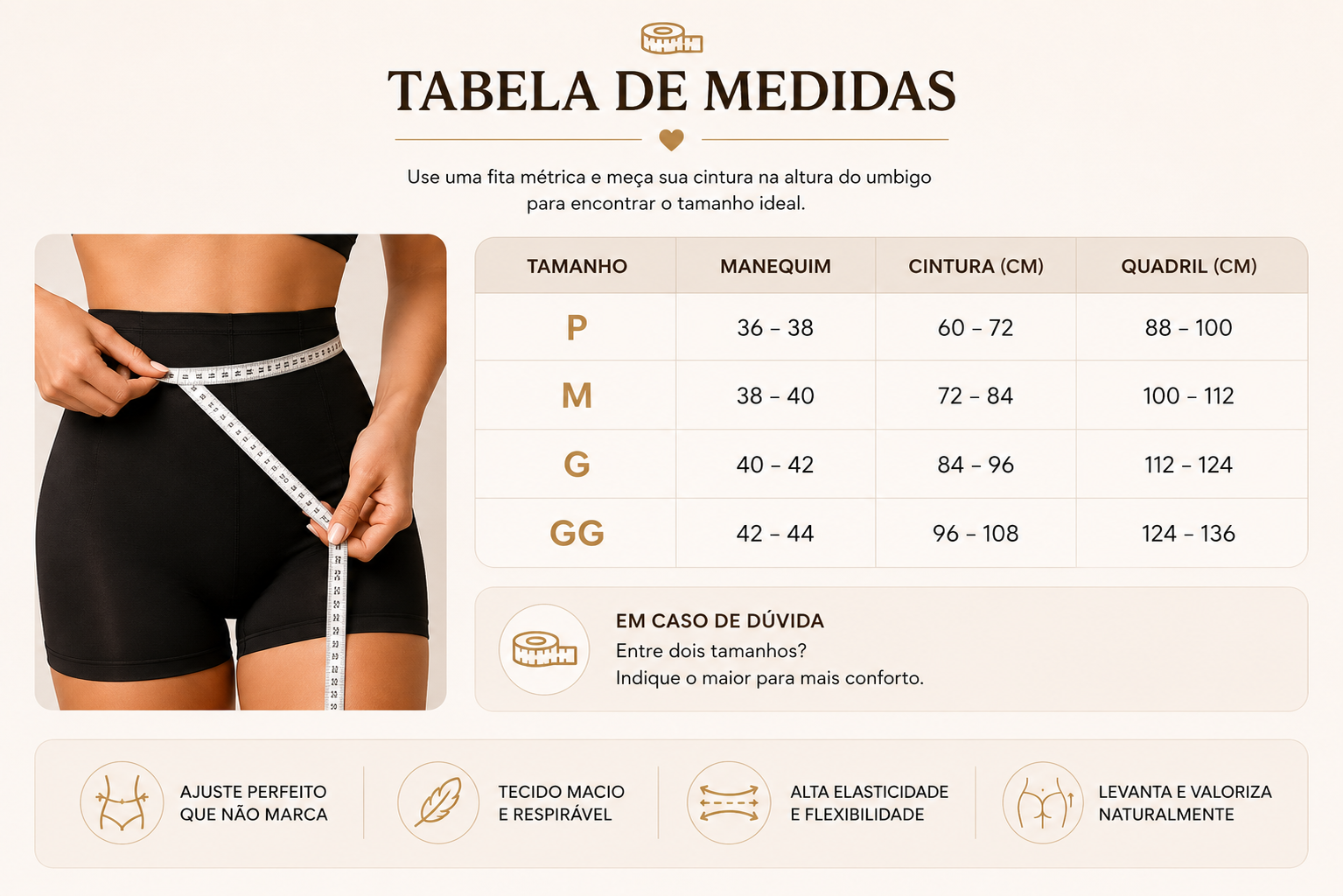 Tabela de tamanhos da Calcinha Empina Bumbum